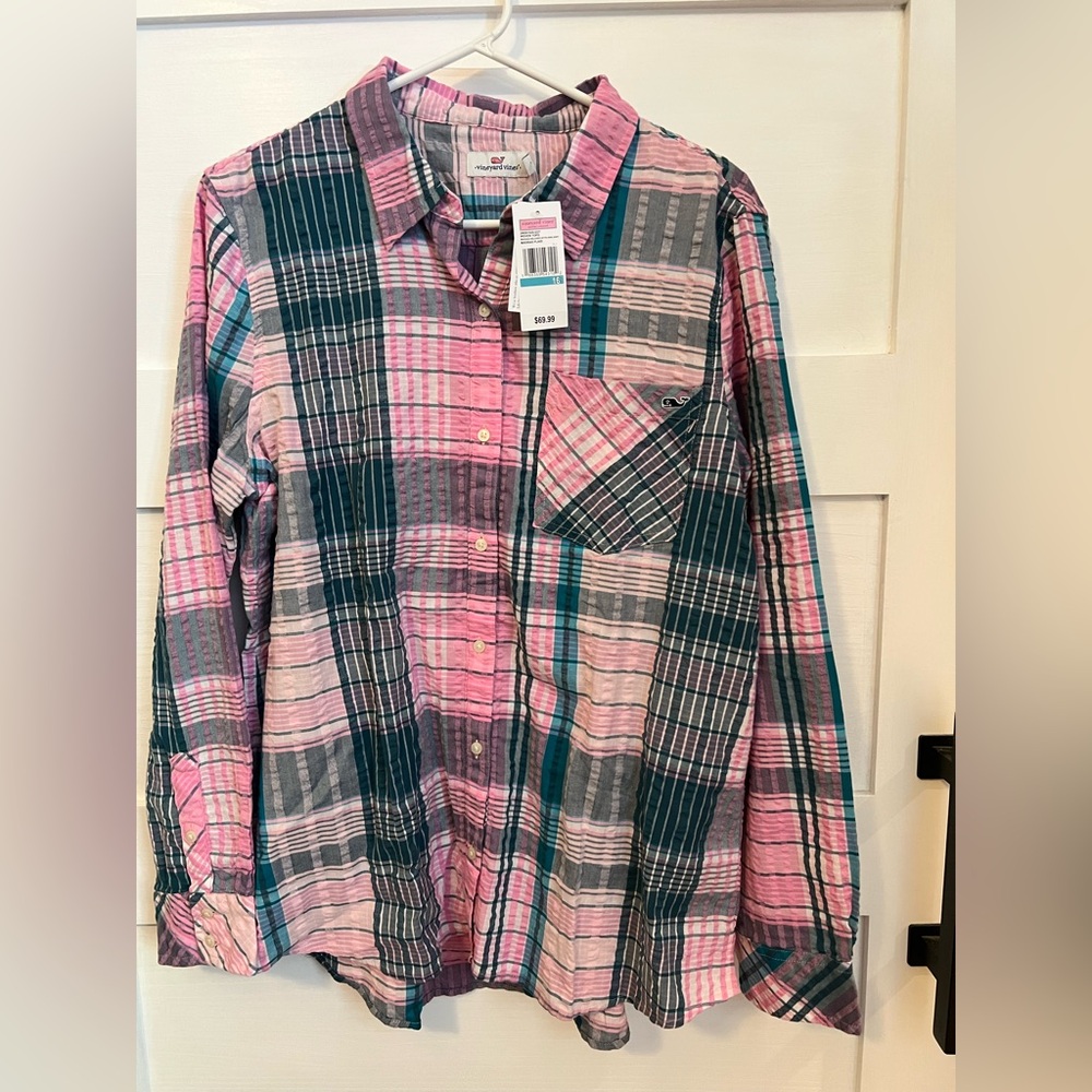 Vineyard Vines Pink and Teal Plaid Shirt